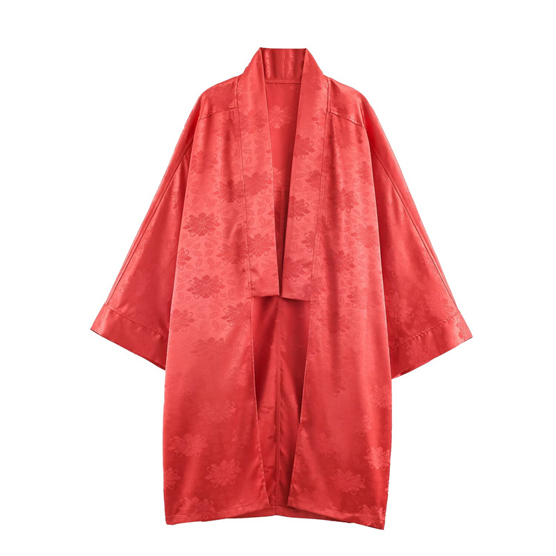 Embroidery - 2026 lente dameskimono van rood bloemenjacquard